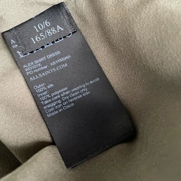 AllSaints Alex Silk Shirt Tunic Dress Olive Green Black Applique UK 10 US 6 - Picture 8 of 16